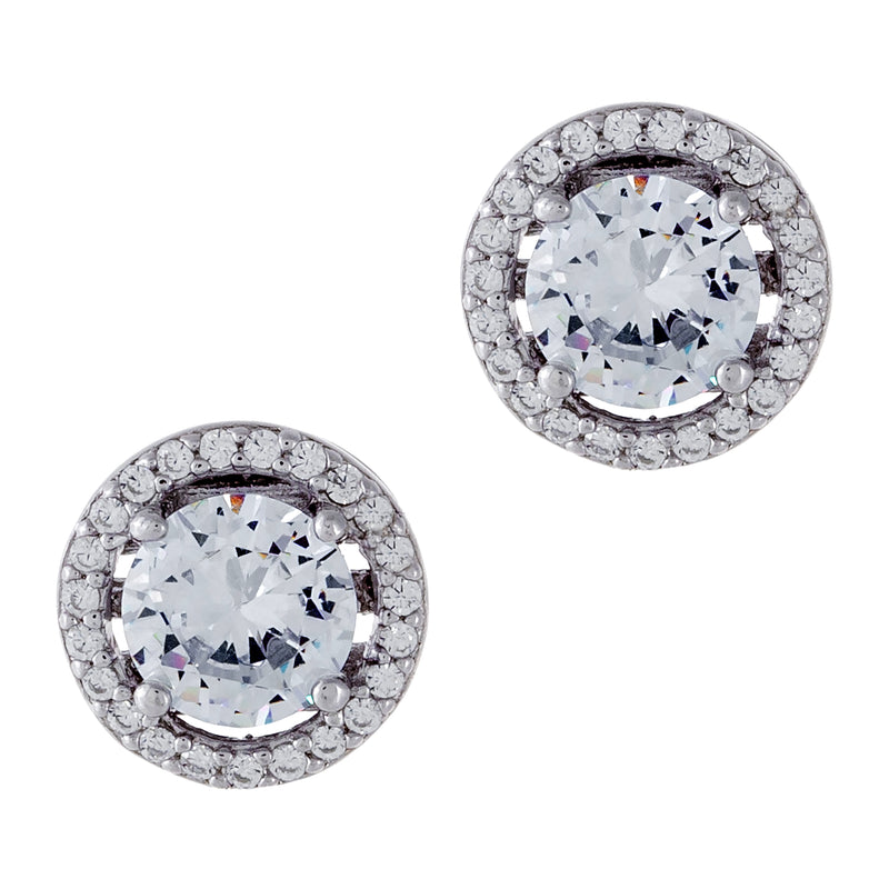 Sterling Silver Rhodium Plated and CZ Stud Halo Earring