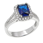 Simulated Emerald Cut Sapphire and CZ Pave Frame Ring